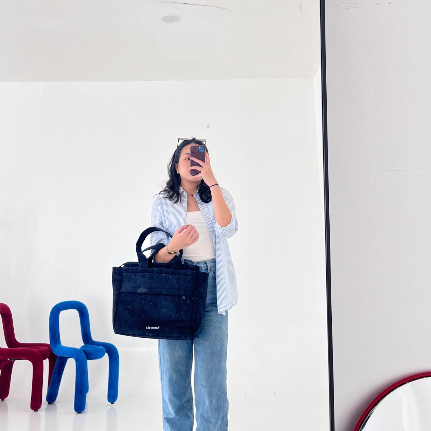 Kanavaia Double-Handle Corduroy Tote Bag Navy Blue